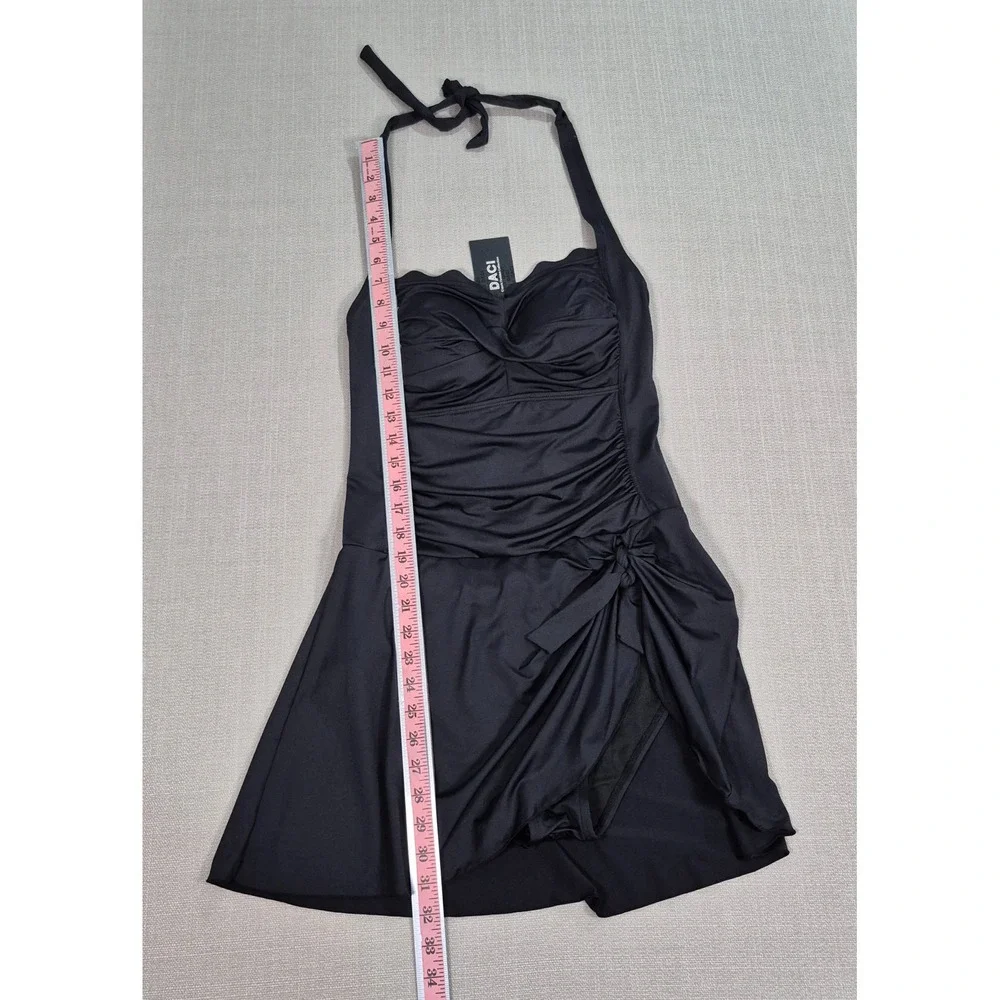 Daci Women Black Ruched Tummy Control Halter Swimdress One Piece Swimsuit Size L